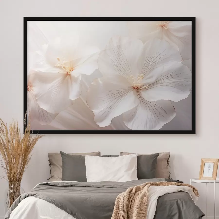 Fotobehang Delicate witte bloemen met bloemblaadjes en zachte, pastelkleurige hartjes, die een dromerige en etherische bloemsierkunst creëren f44858