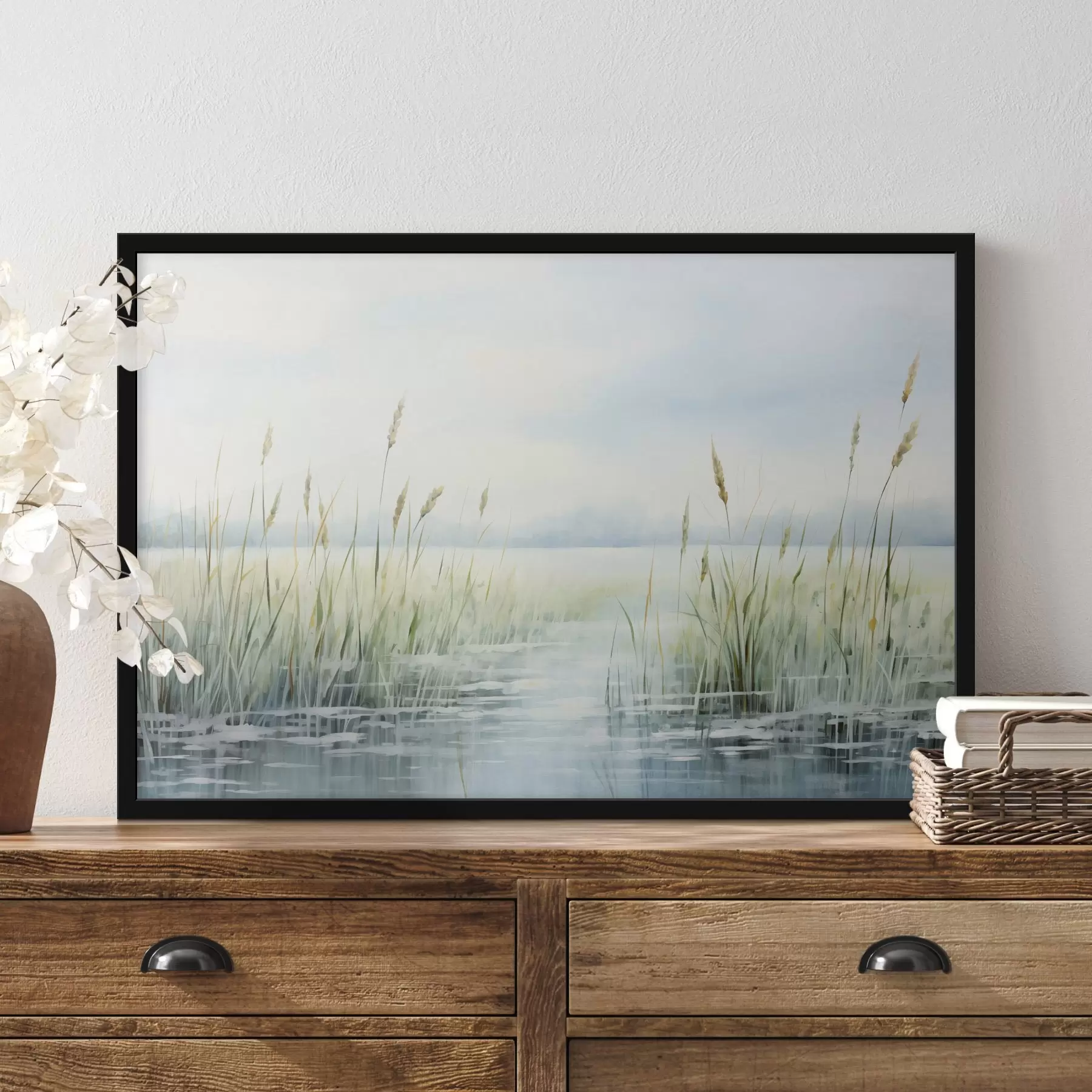 Fotobehang Een aquarel schilderij imitatie van hoog gras groeit in de buurt van water, bewolkte lucht en onscherpe achtergrond f44860