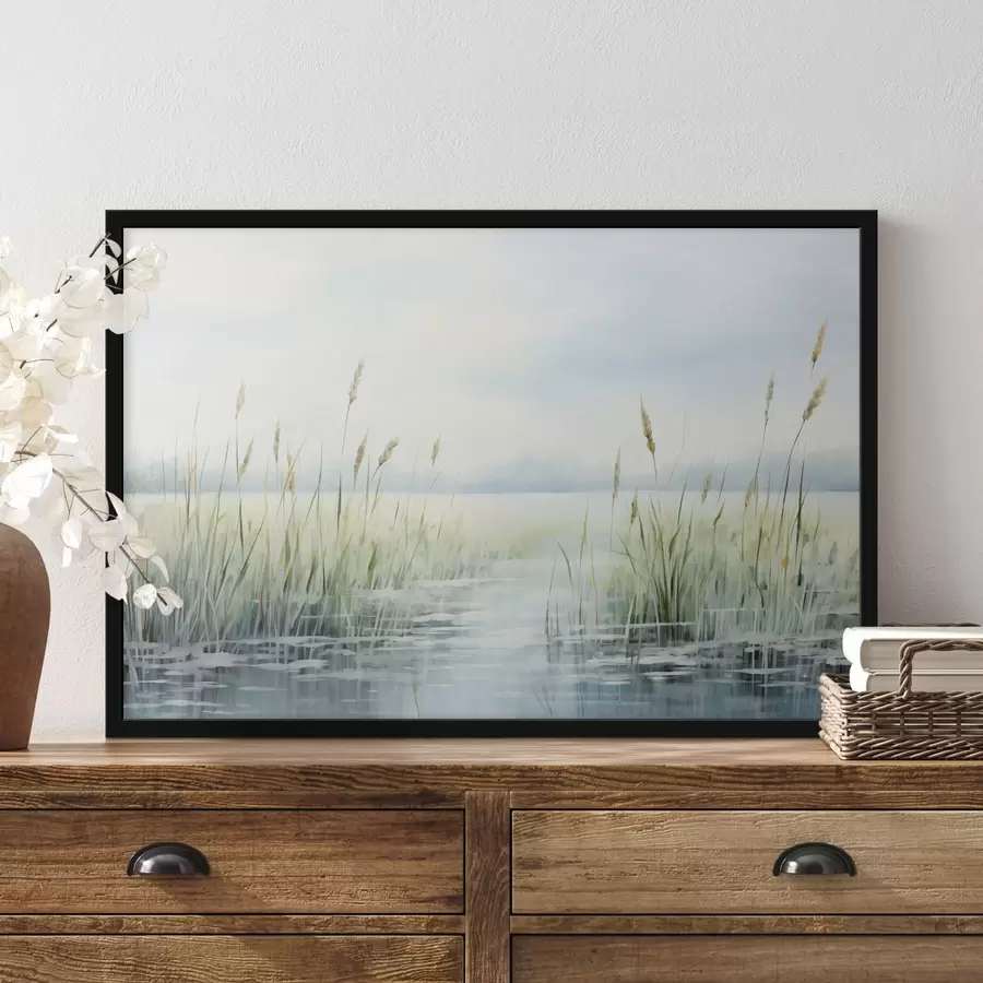 Papier peint photo Une peinture à l'aquarelle imitant les hautes herbes poussant près de l'eau, un ciel couvert et un arrière-plan flou f44860