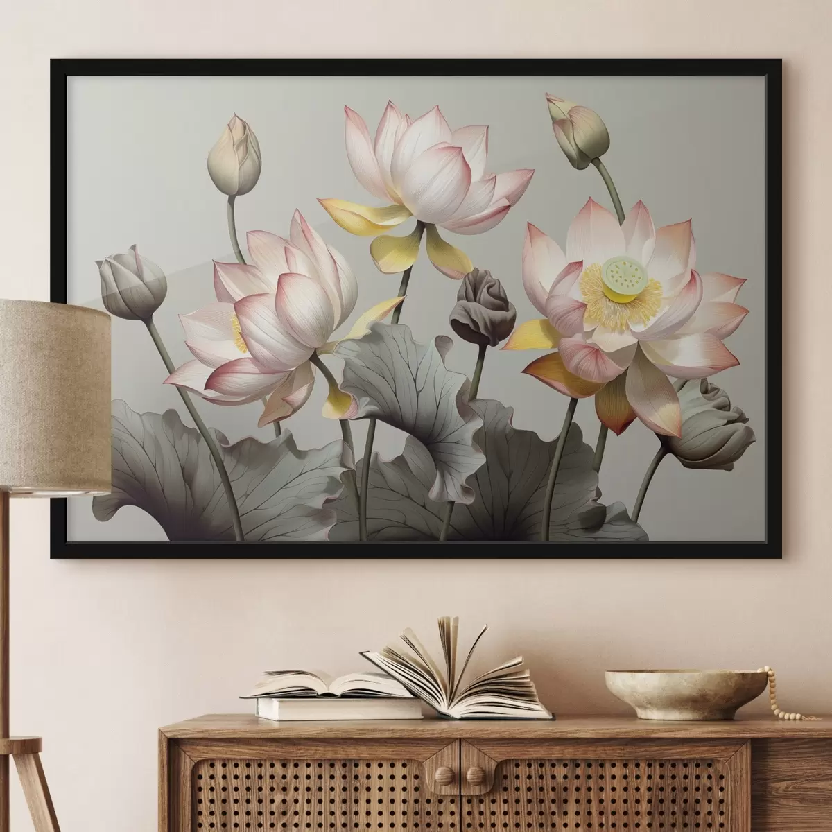 Affiche Fleurs de lotus aux pétales pastel et aux feuilles vertes, dans une palette de couleurs sourdes, sur un fond uni f44862