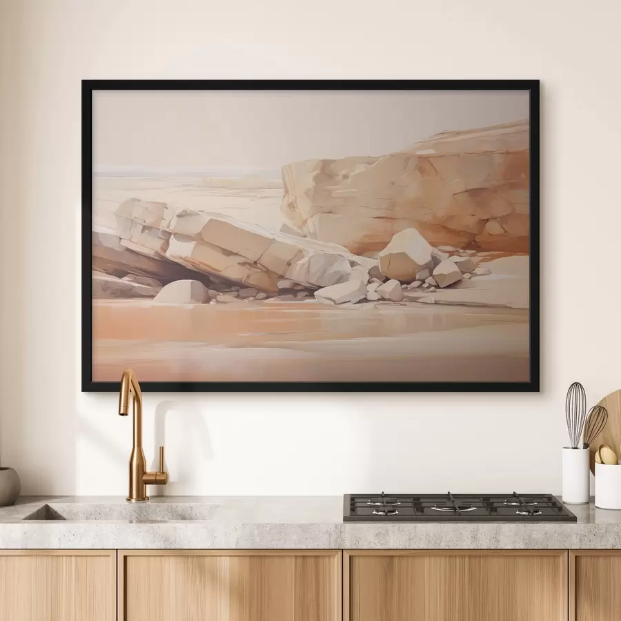  Peintures Paysage minimaliste de plage rocheuse avec de grands rochers marron clair et de l'eau claire f44865