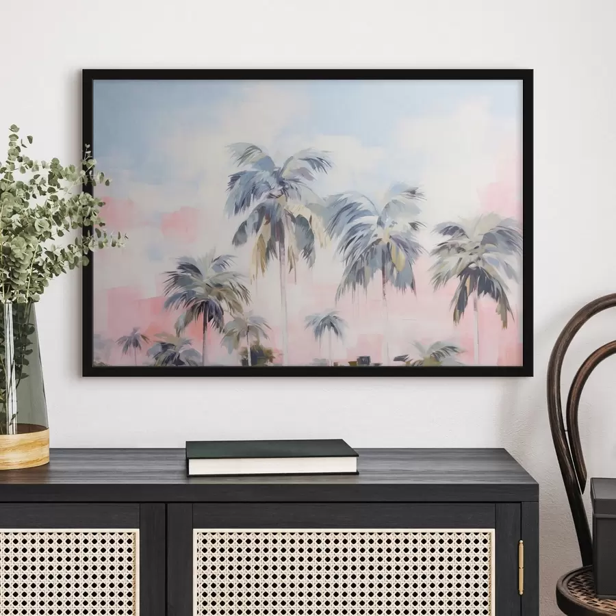 Fotobehang Palmbomen met pastelkleurige bladeren en bruine stammen, roze en blauwe lucht, tropische omgeving f44866