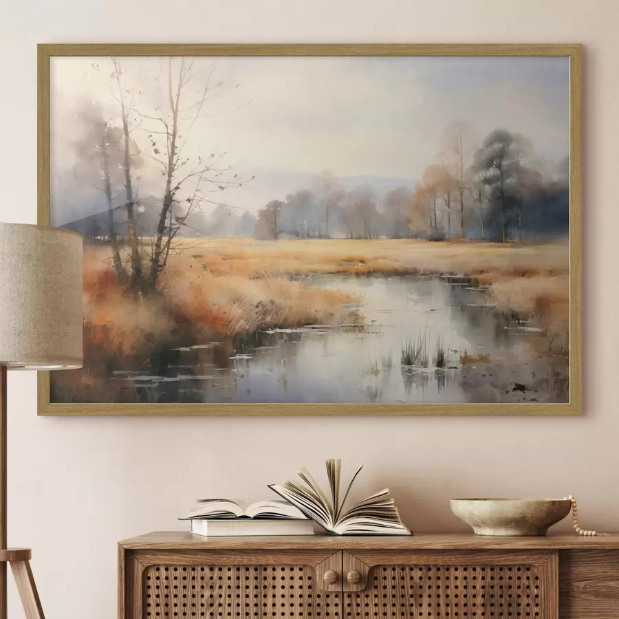 Papier peint photo Une peinture de paysage tranquille et texturée imitant les roseaux et les arbres dénudés, l'eau calme sous un ciel f44867