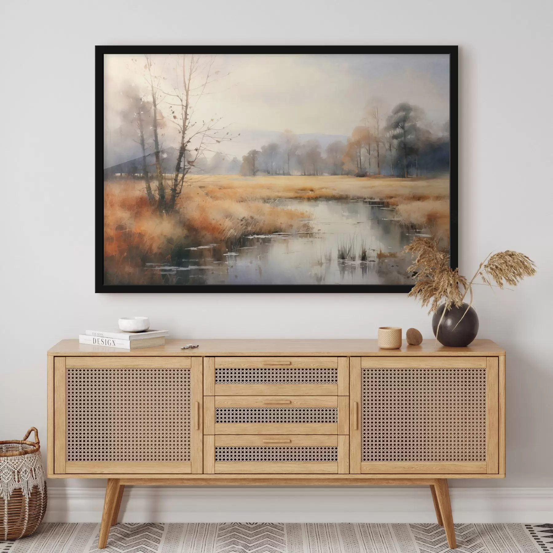 Papier peint photo Une peinture de paysage tranquille et texturée imitant les roseaux et les arbres dénudés, l'eau calme sous un ciel f44867