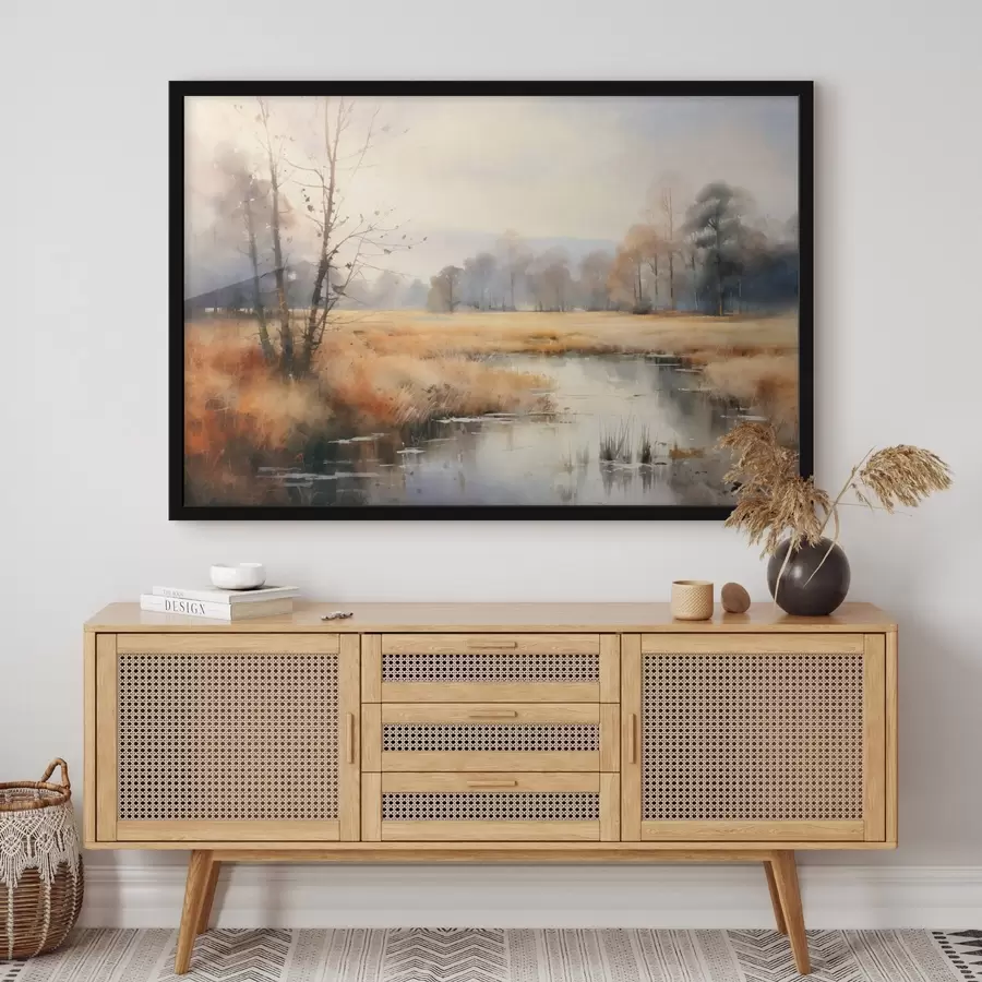 Fotobehang Een rustig landschapschilderij met textuur, imitatie van riet en kale bomen, het kalme water onder een hemel f44867