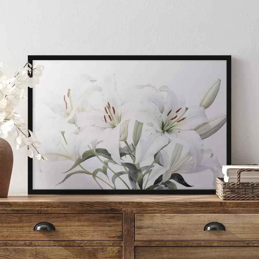 Fotobehang Een boeket van witte lelies met groene bladeren, delicate bloemblaadjes en zachte witte achtergrond f44868