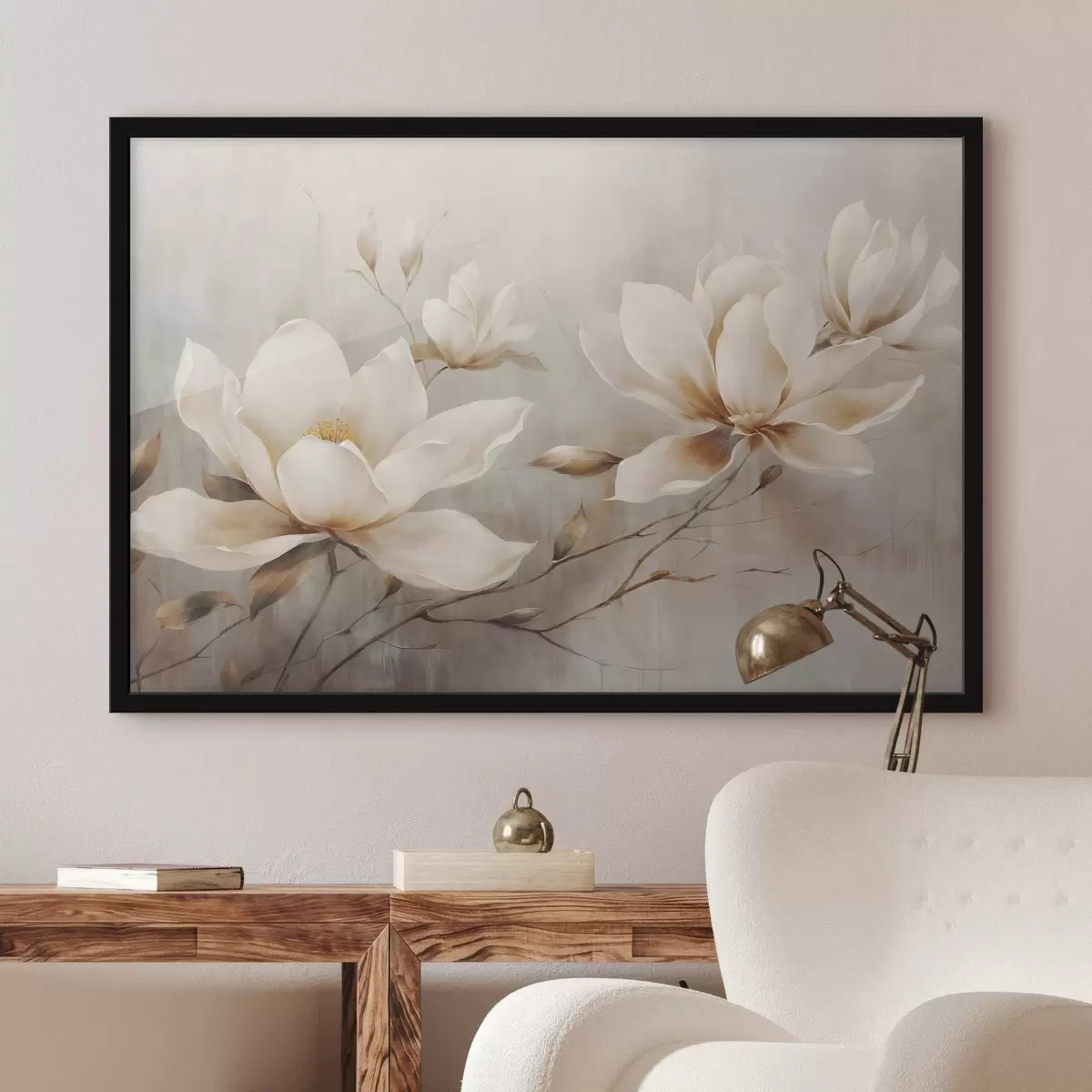 Poster Textured vintage witte magnolia bloemen op takken in een lichtbruine achtergrond f44869