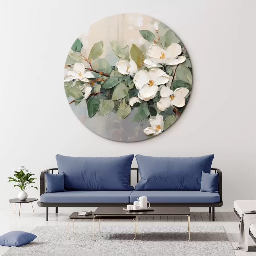  Peintures Fleurs de magnolia avec feuilles vertes sur une branche, style texturé par empâtement, palette de couleurs douces r44853