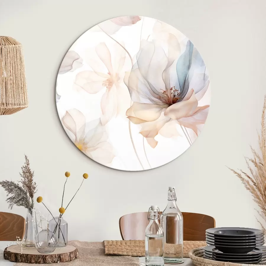  Schilderijen Doorschijnende getextureerde bloemen in pastelkleuren, fijne bloemblaadjes, fijne lijnen op een witte achtergrond r44855