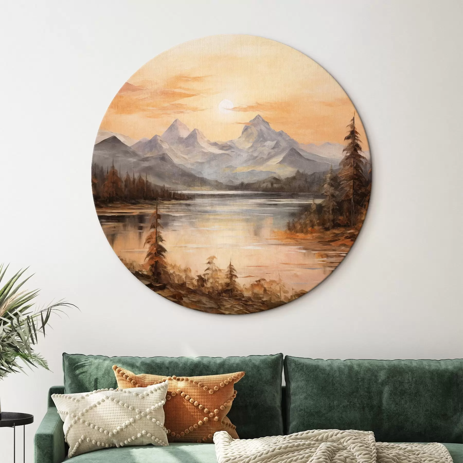  Peintures Paysage avec un lac entouré d'arbres et de montagnes en arrière-plan, ciel orange avec le soleil r44857