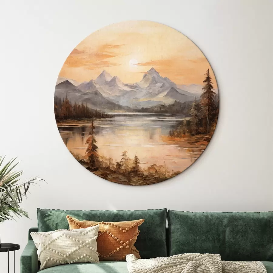  Peintures Paysage avec un lac entouré d'arbres et de montagnes en arrière-plan, ciel orange avec le soleil r44857