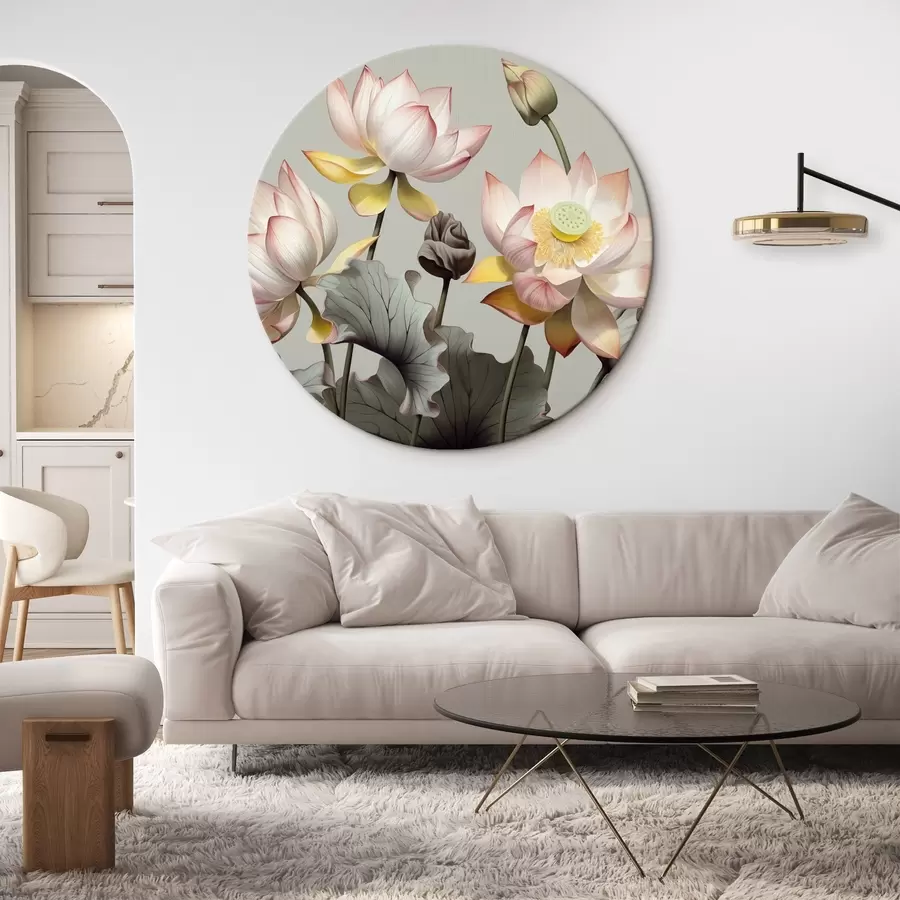  Schilderijen Lotusbloemen met pastelkleurige bloemblaadjes en groene bladeren, in een gedempt kleurenpalet, tegen een effen achtergrond r44862