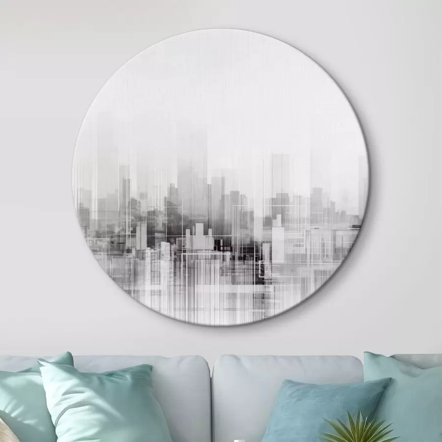  Schilderijen Gestructureerd minimalistisch stadslandschap met hoge gebouwen en wolkenkrabbers, afgetekend tegen een witte lucht r44863