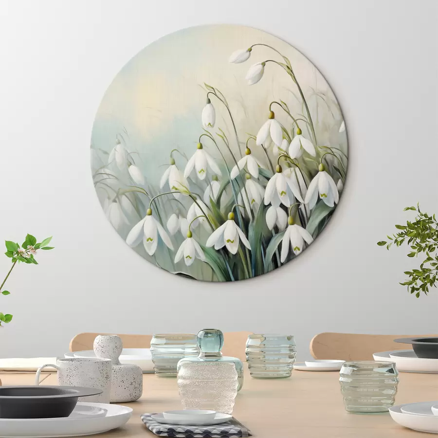  Schilderijen Witte sneeuwklokjesbloemen met blauwe en groene stengels en bladeren, zachte penseelstreken, onscherpe achtergrond r44864