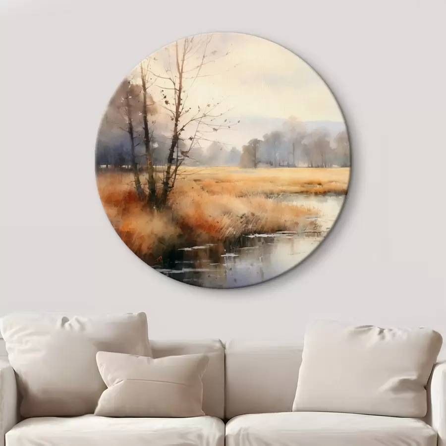  Schilderijen Een rustig landschapschilderij met textuur, imitatie van riet en kale bomen, het kalme water onder een hemel r44867