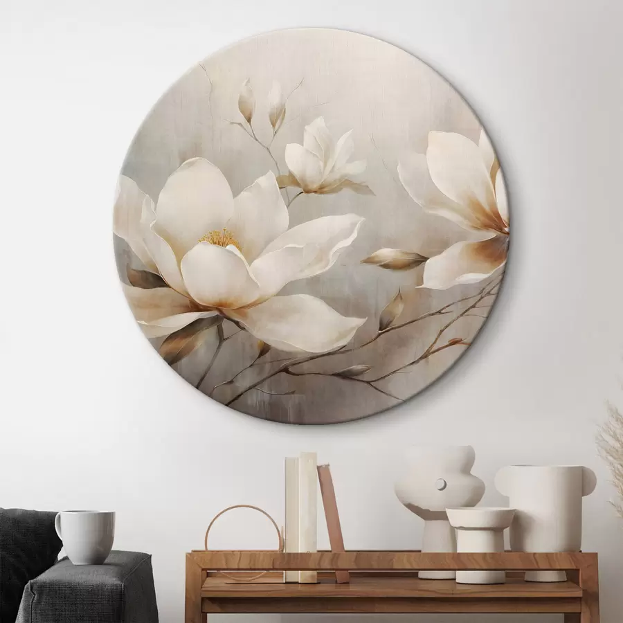  Peintures Fleurs de magnolia blanches texturées sur des branches sur un fond marron clair r44869