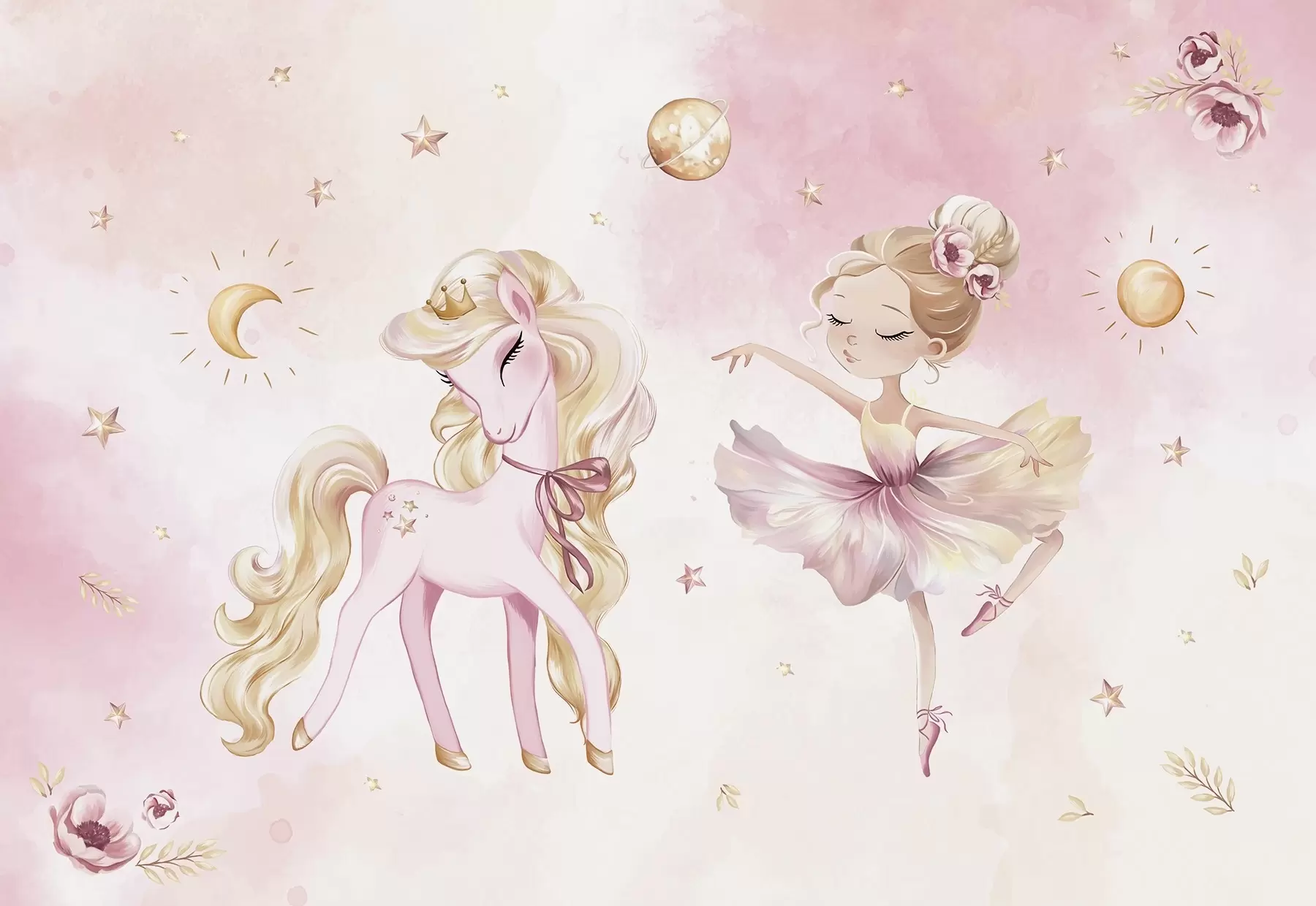 Papier peint photo Licorne et ballerine dans un conte de fées rose, histoire pour enfants w04196