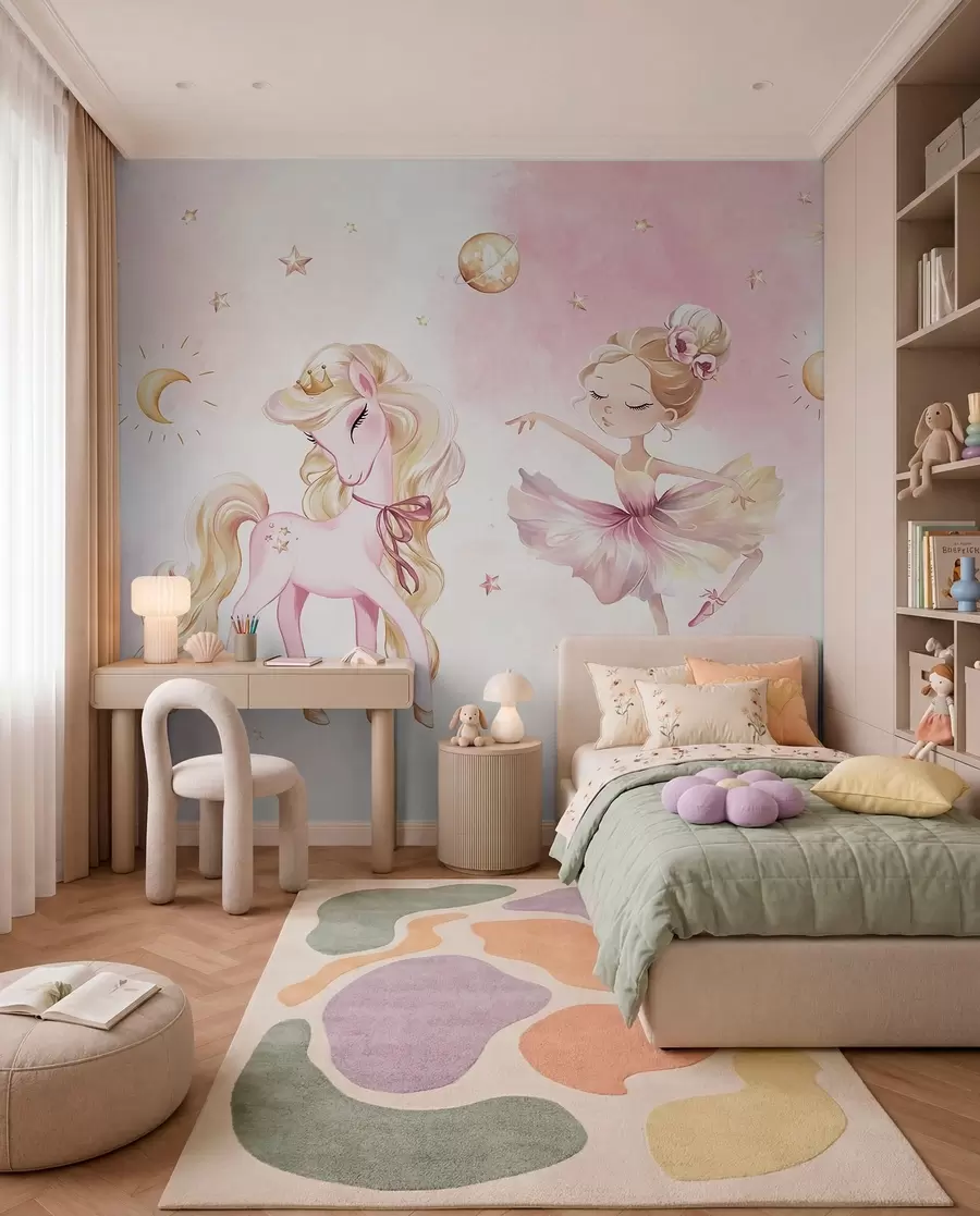 Fotobehang Eenhoorn en ballerina in een roze sprookje, kinderverhaal w04196