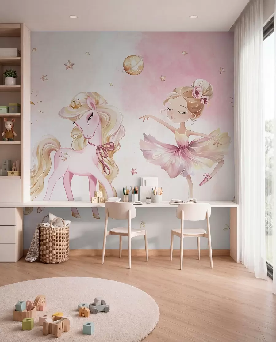 Fotobehang Eenhoorn en ballerina in een roze sprookje, kinderverhaal w04196