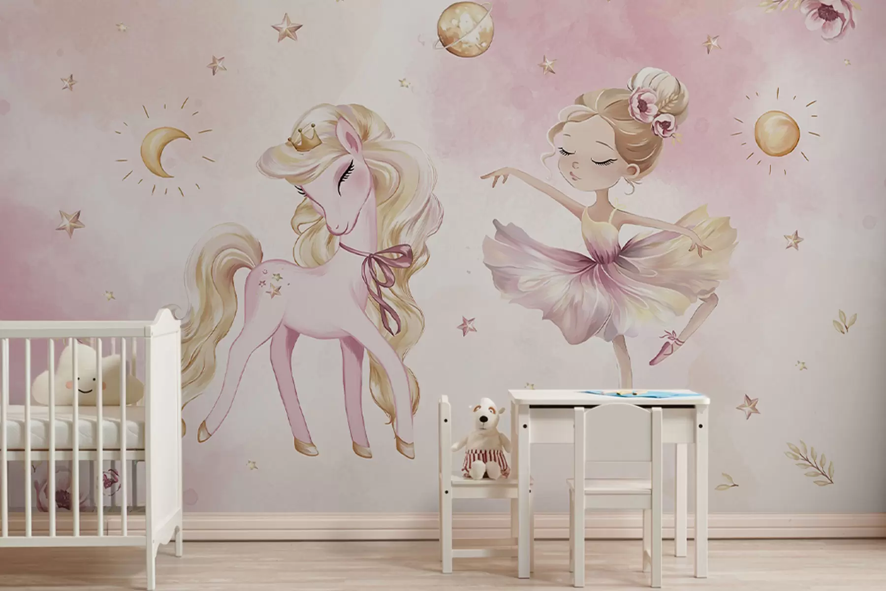 Fotobehang Eenhoorn en ballerina in een roze sprookje, kinderverhaal w04196