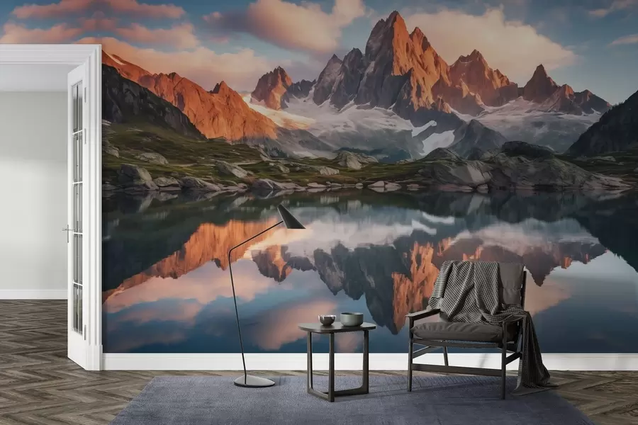 Fotobehang Bergen bij dageraad, weerspiegeling in water, realistisch landschap w04150