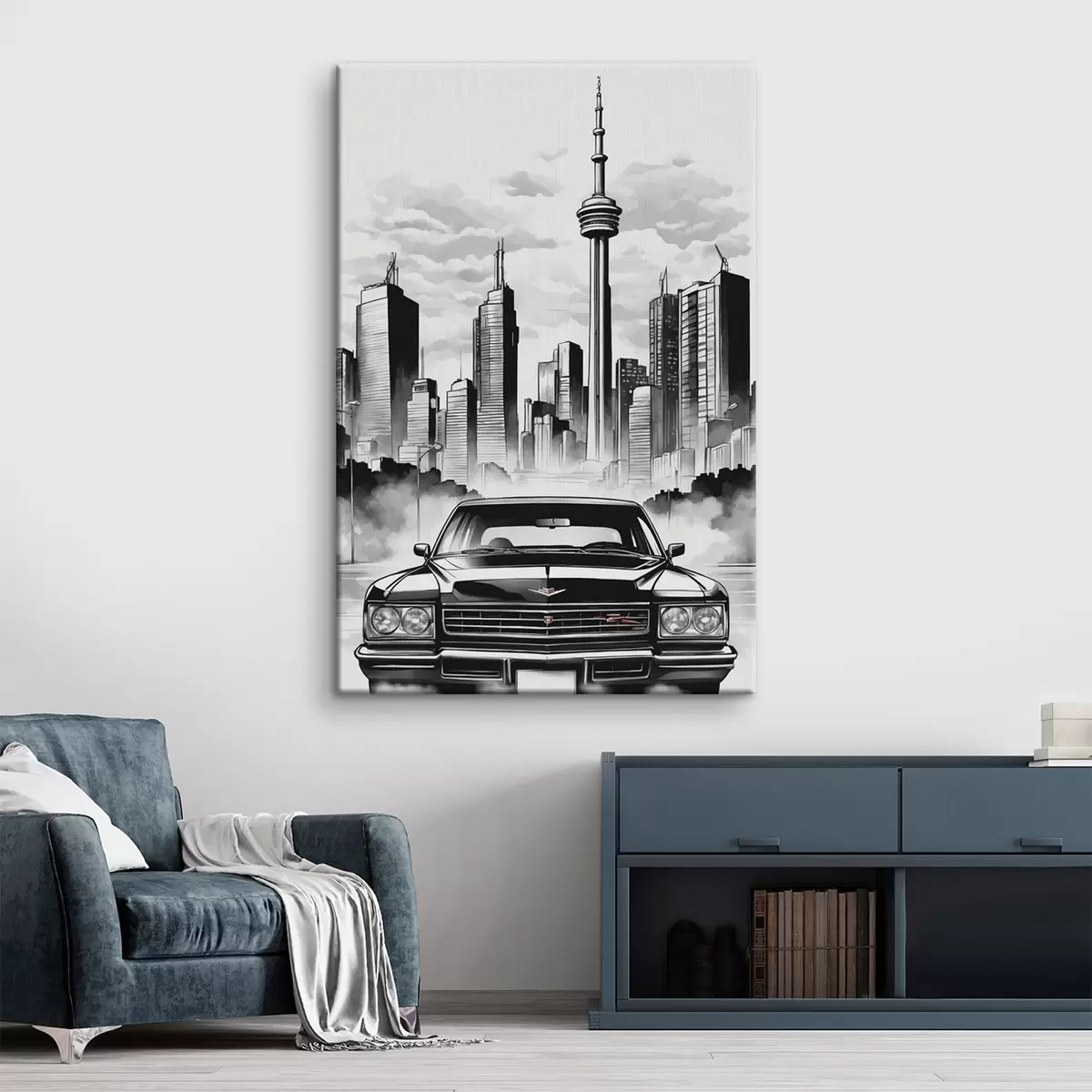  Schilderijen Retro auto op de achtergrond van monochrome stad met wolkenkrabbers s44871