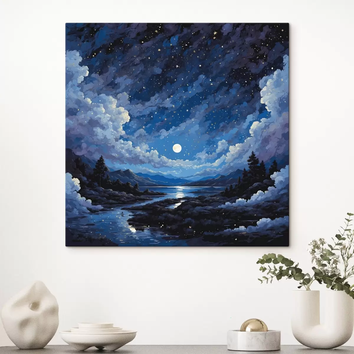 Peintures Ciel nocturne avec lune et étoiles sur un paysage de montagne s44872