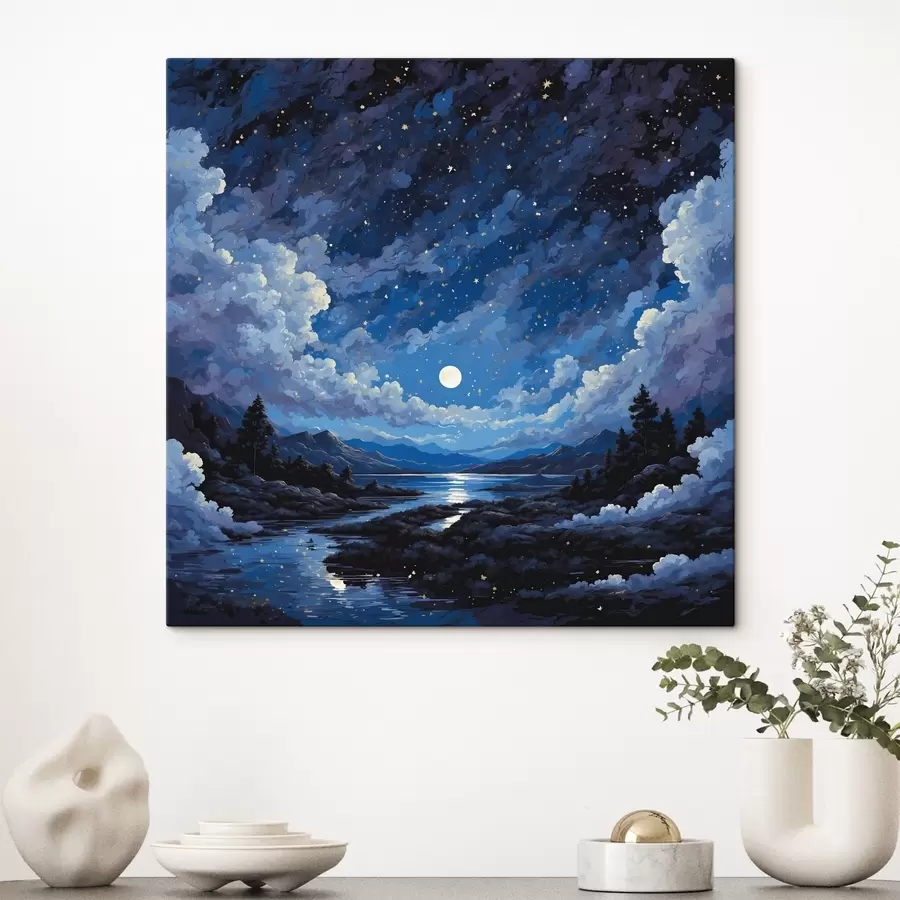  Peintures Ciel nocturne avec lune et étoiles sur un paysage de montagne s44872