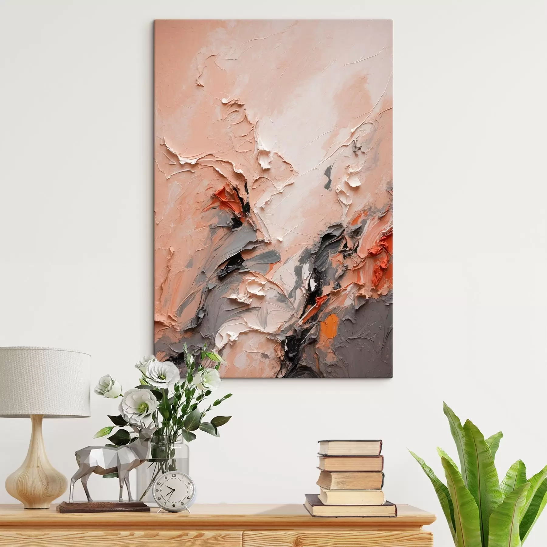  Peintures Abstrait dans les tons gris pêche avec des traits texturés s44873