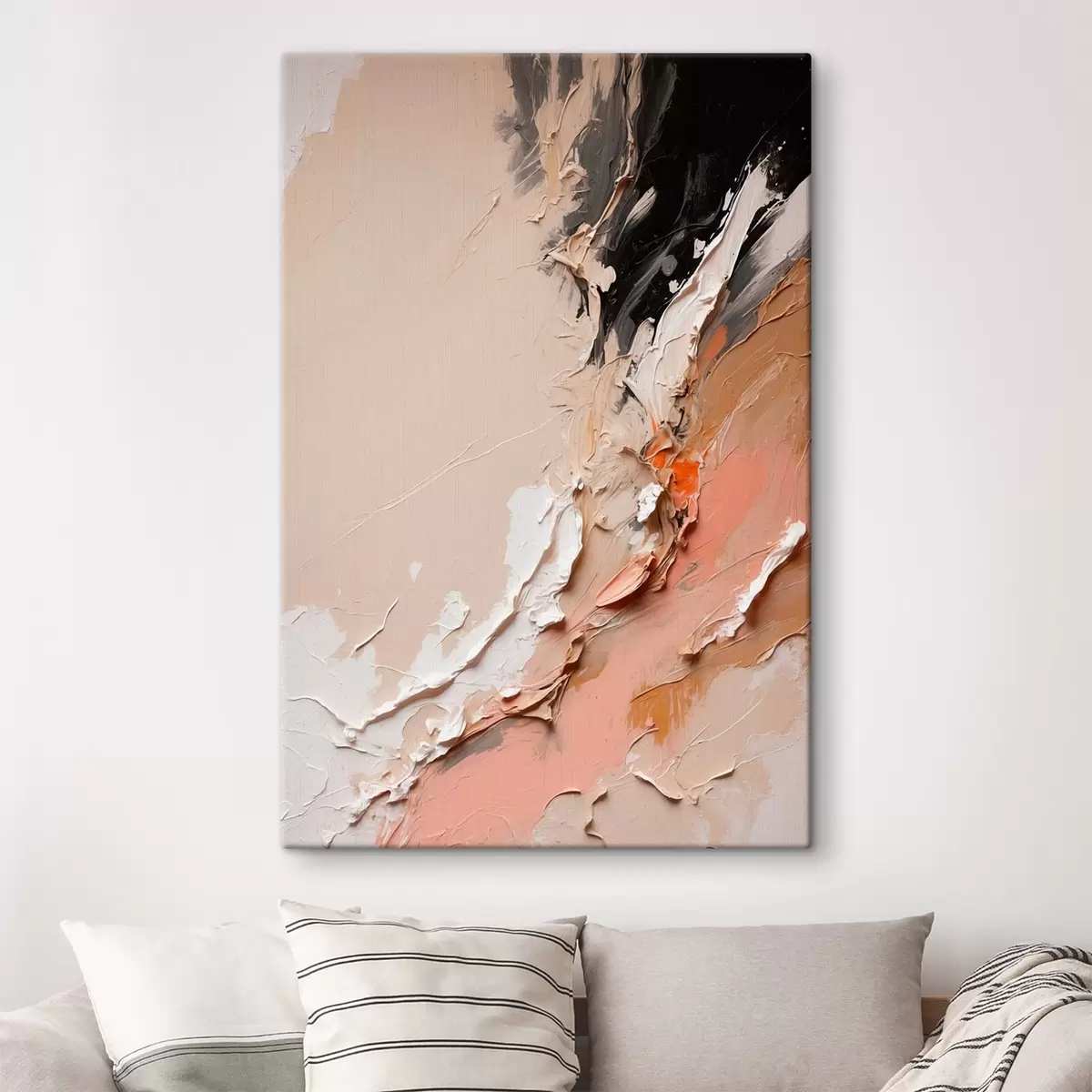  Schilderijen Beige en zwarte abstractie met accenten van roze en wit s44875