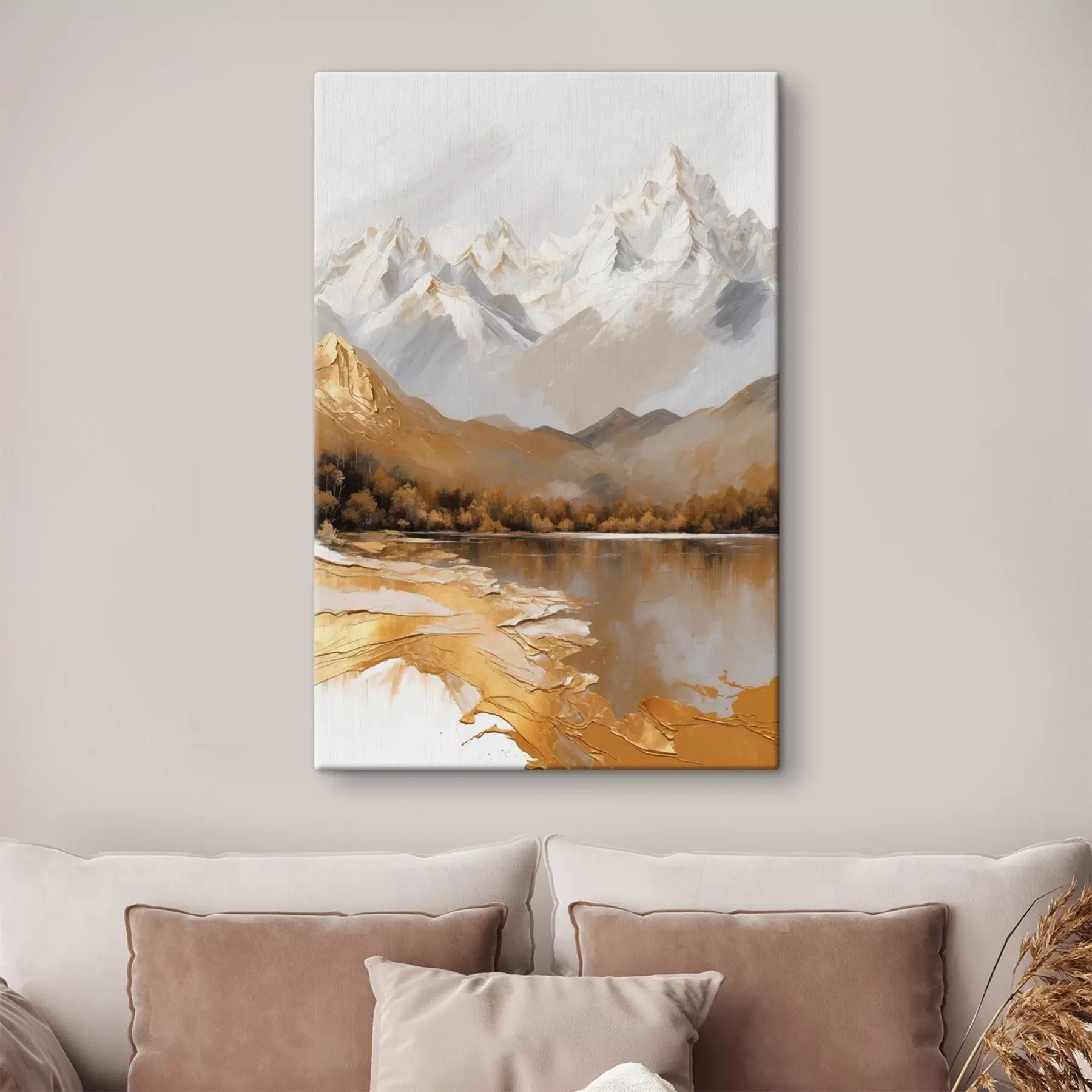  Peintures Paysage de montagne avec un lac dans des couleurs chaudes s44877