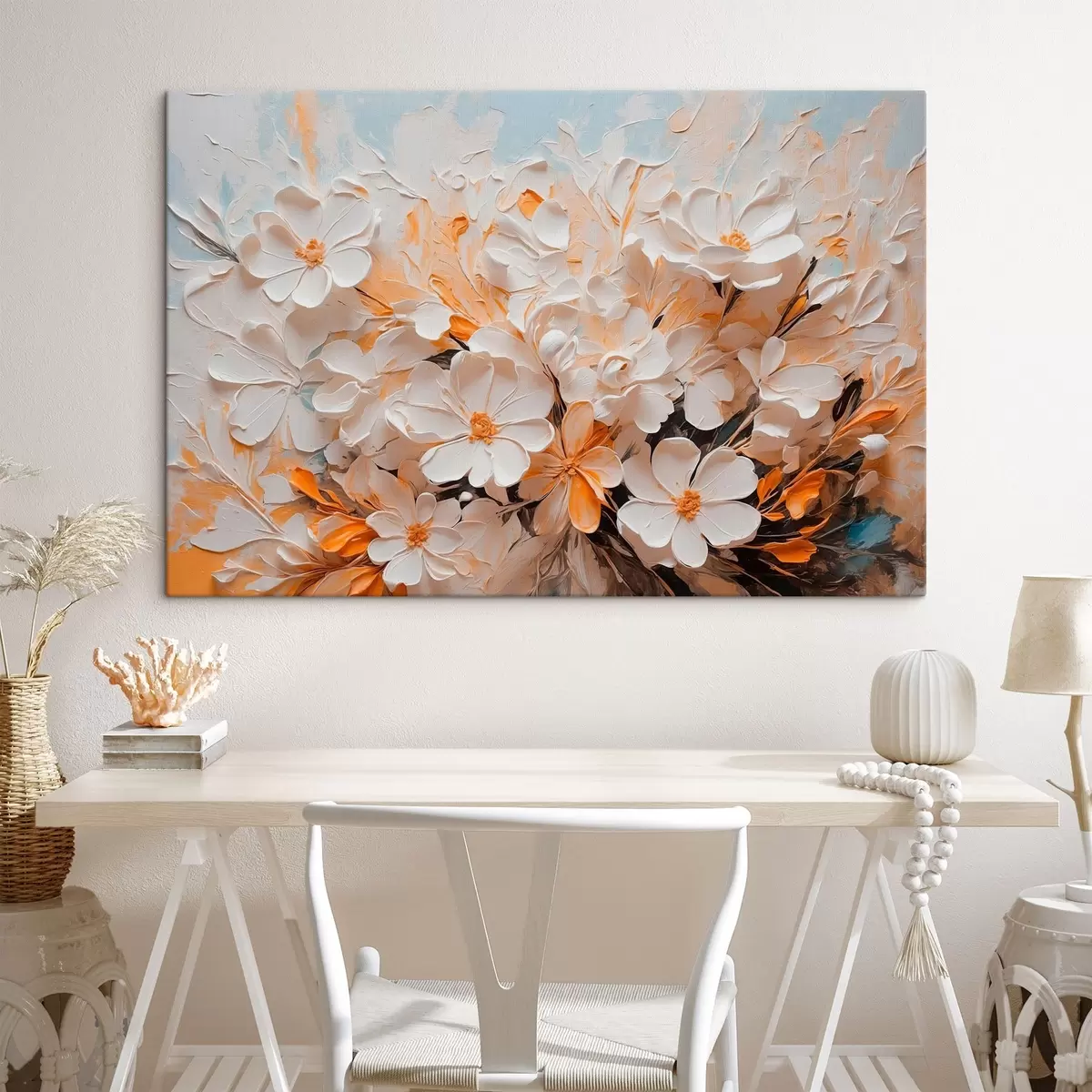  Schilderijen Witte en perzikkleurige bloemen op een blauwe achtergrond met pastels s44879