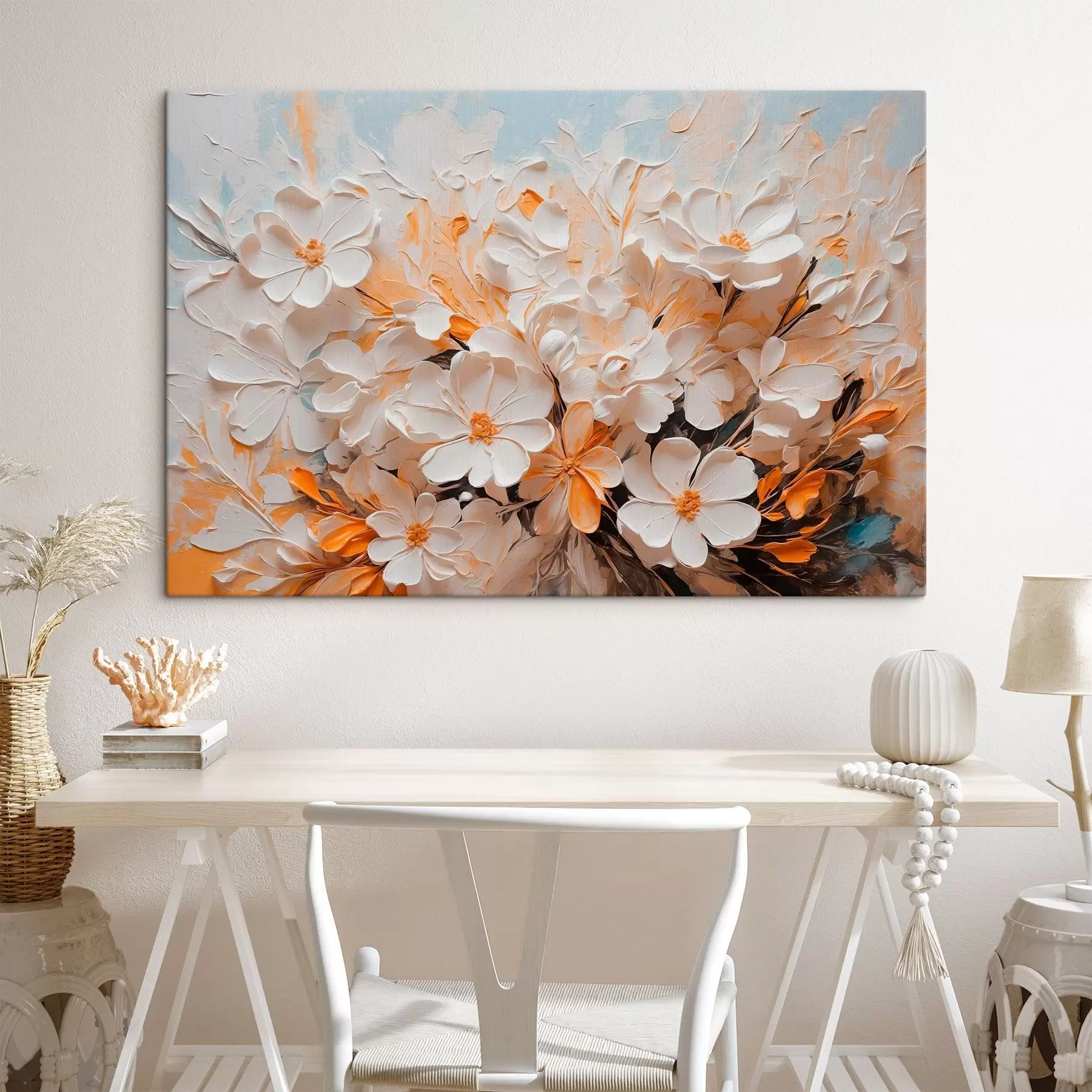  Schilderijen Witte en perzikkleurige bloemen op een blauwe achtergrond met pastels s44879