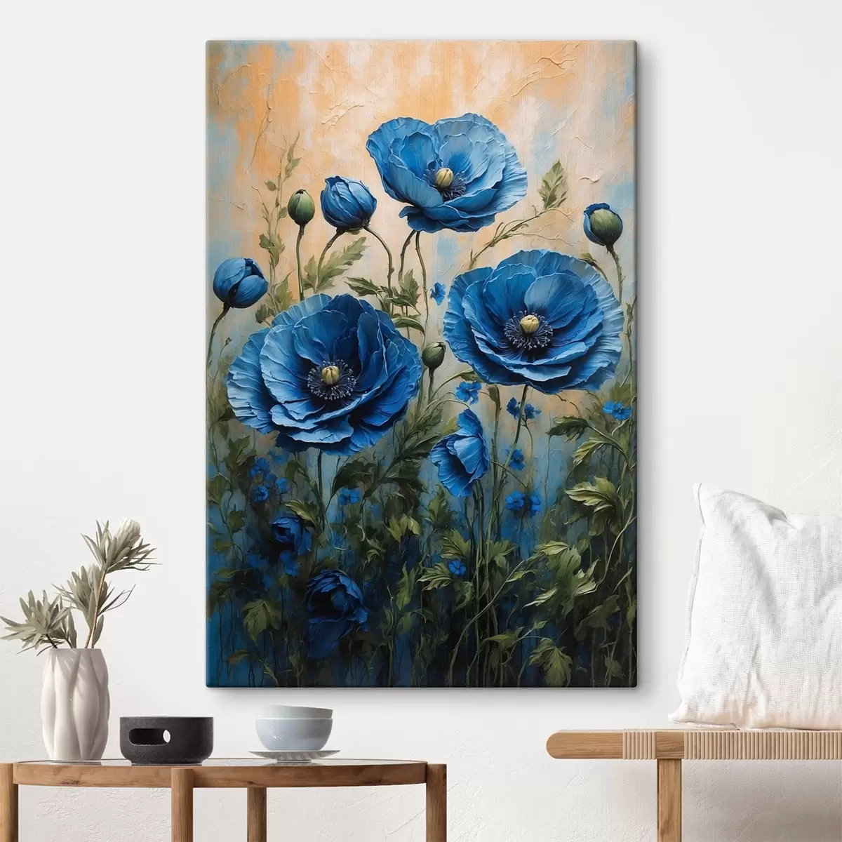  Peintures Coquelicots bleus sur fond pastel avec des feuilles s44882