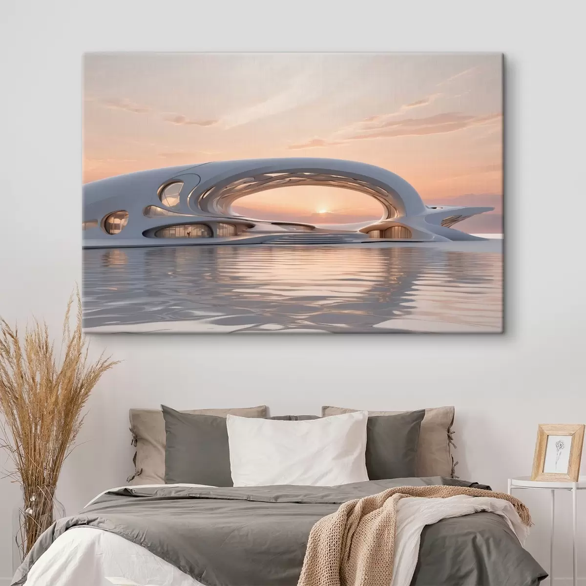  Peintures Bâtiment futuriste sur l'eau sur fond de coucher de soleil rose s44884