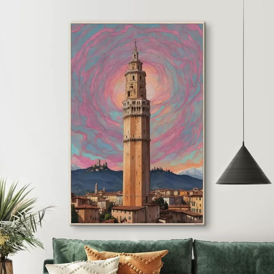  Schilderijen Fantasietoren tegen de lucht met roze en blauwe spiralen s44885