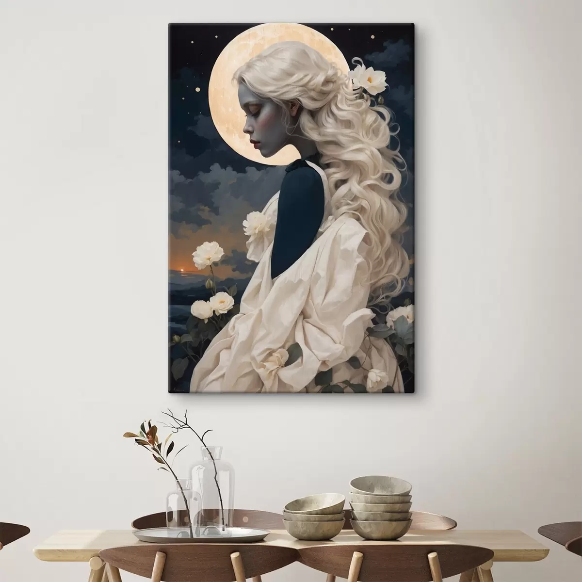  Schilderijen Portret van een meisje met wit haar en volle maan s44887