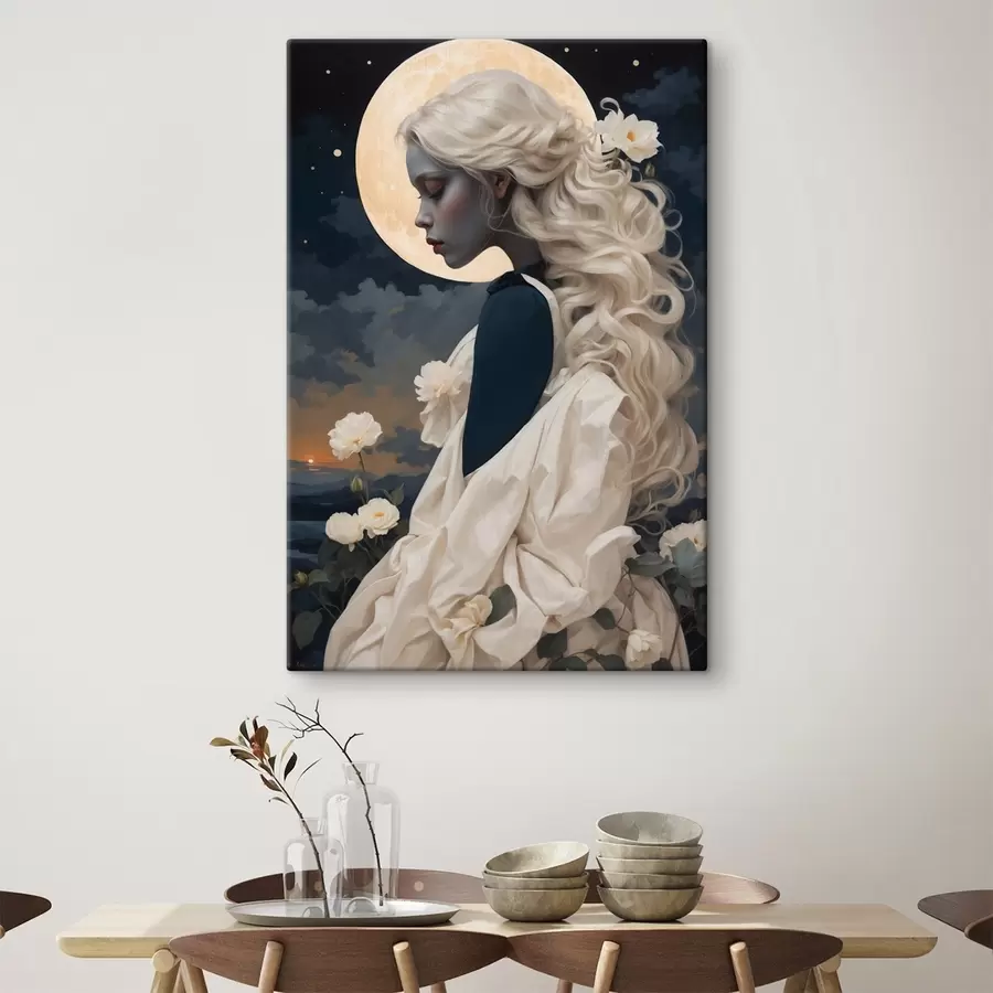  Schilderijen Portret van een meisje met wit haar en volle maan s44887