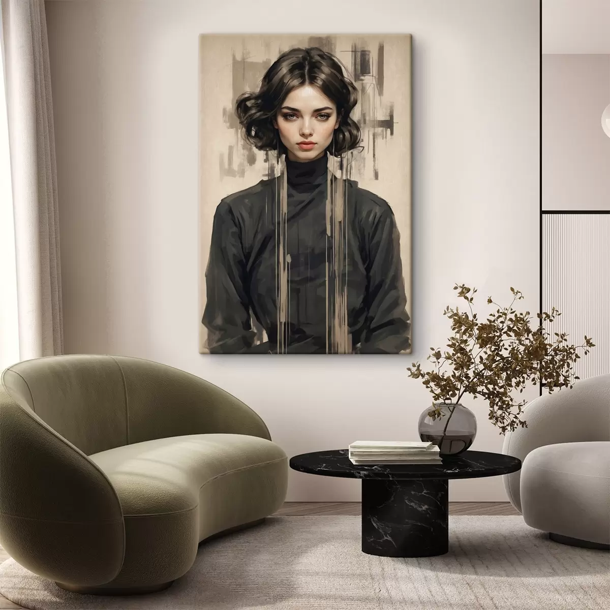  Peintures Portrait d'une femme aux cheveux courts et noirs sur fond abstrait s44890