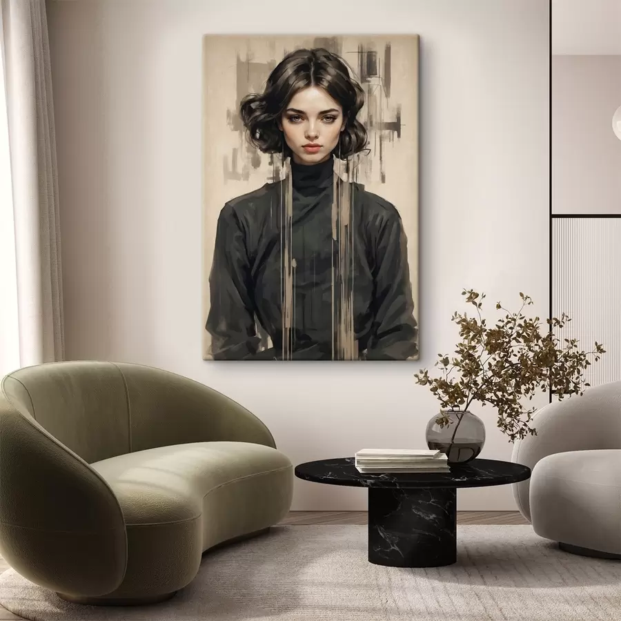  Peintures Portrait d'une femme aux cheveux courts et noirs sur fond abstrait s44890