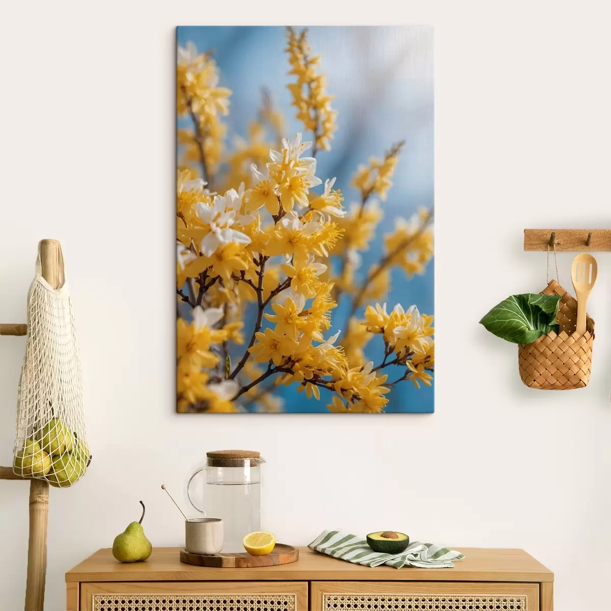  Peintures Fleurs jaunes sur fond bleu avec mise au point douce s44894