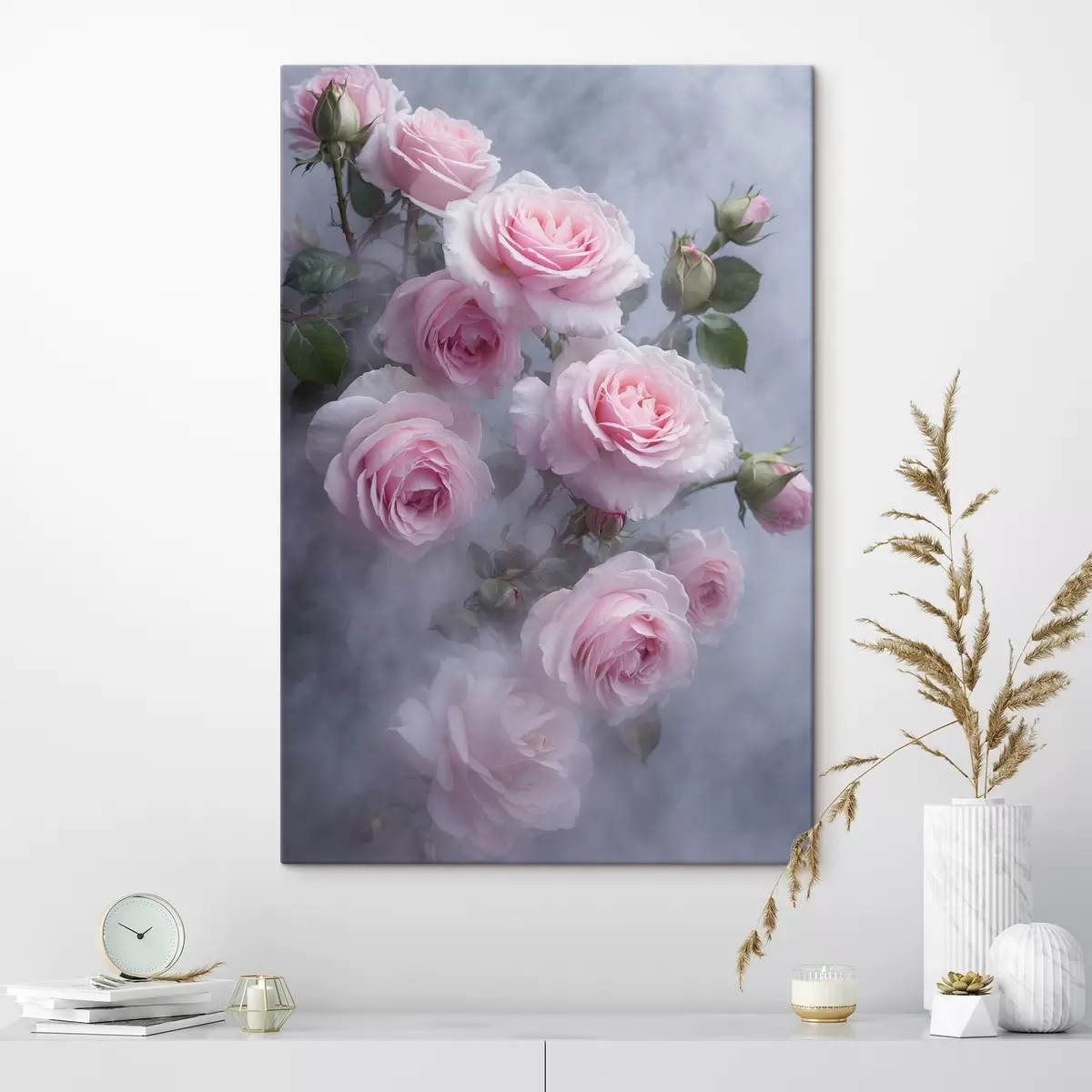 Schilderijen Zachtroze rozen in de mist met groene bladeren s44892