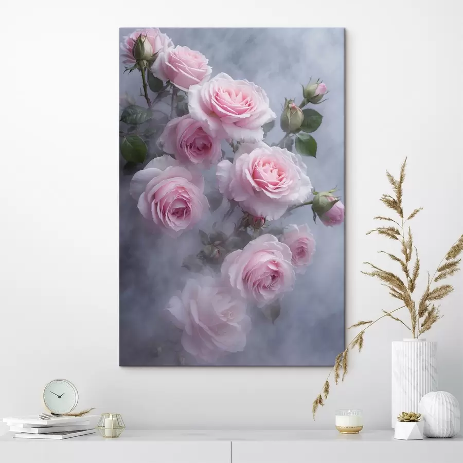  Peintures Roses roses dans le brouillard avec des feuilles vertes s44892