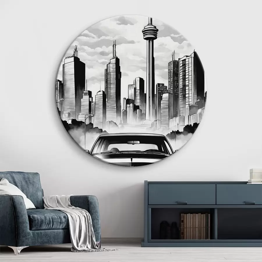  Schilderijen Retro auto op de achtergrond van monochrome stad met wolkenkrabbers r44871