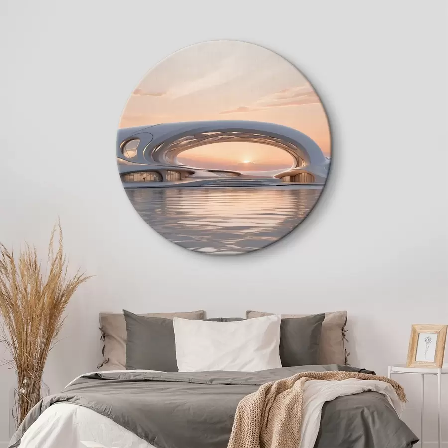  Schilderijen Futuristisch gebouw op het water tegen een roze zonsondergang r44884