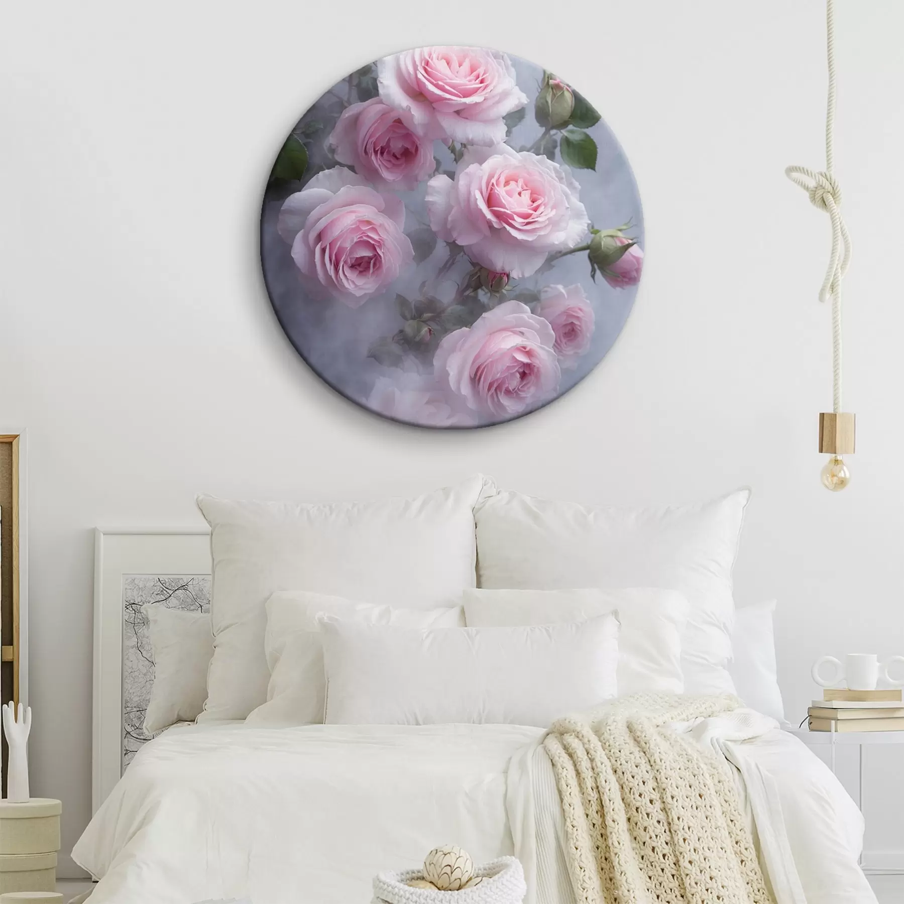  Peintures Roses roses dans le brouillard avec des feuilles vertes r44892