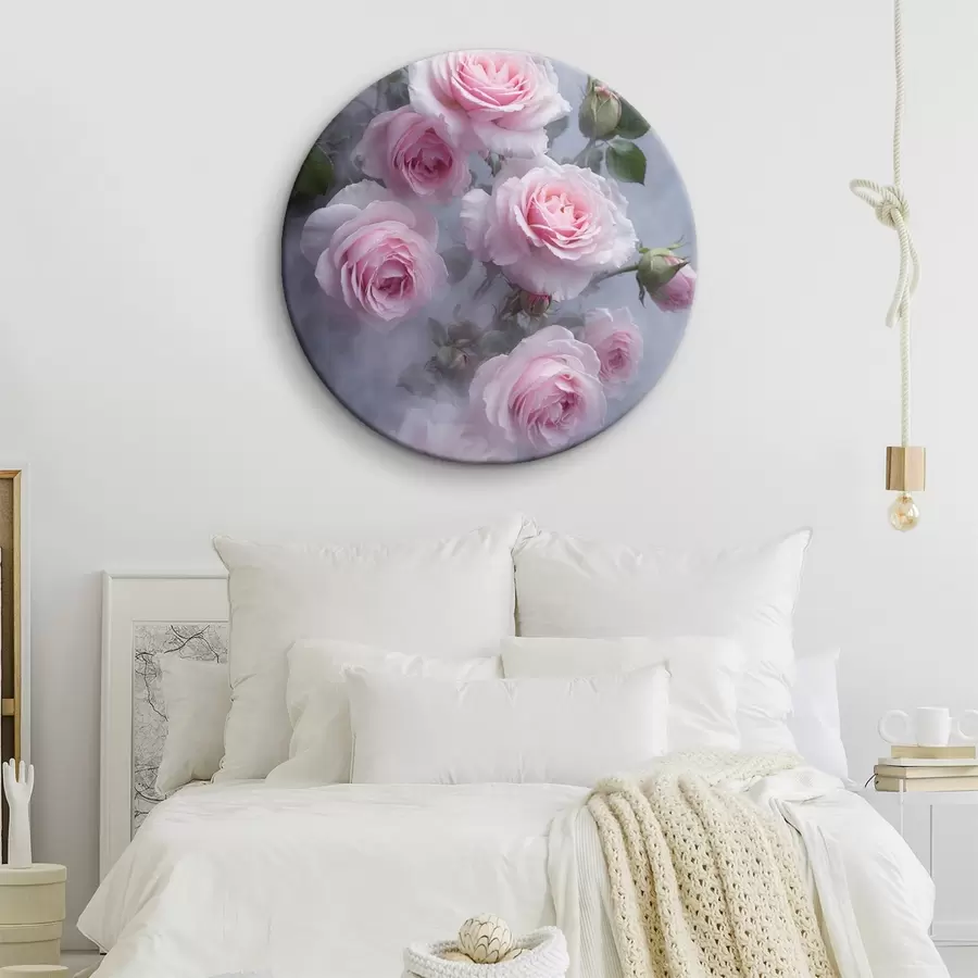  Peintures Roses roses dans le brouillard avec des feuilles vertes r44892