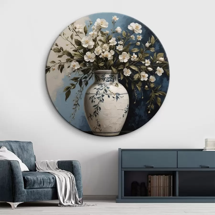  Schilderijen Witte en gele bloemen in een grote vaas op een blauwe achtergrond r44893