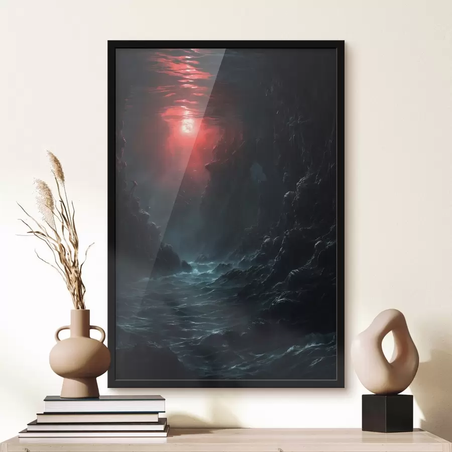 Fotobehang Donkere zeekloof met rood licht van boven f44870