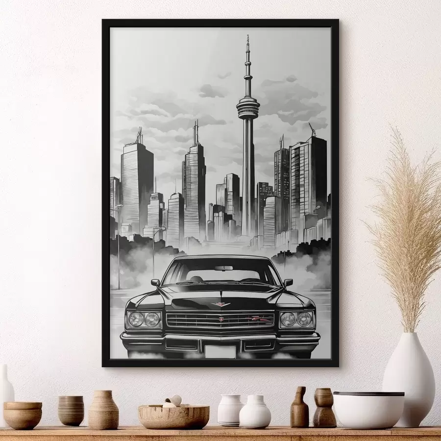 Papier peint photo Voiture rétro sur fond de ville monochrome avec gratte-ciel f44871